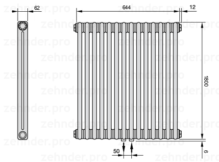 Схема (чертеж) Радиатор Zehnder Charleston 2180/14 №5410 Белый глянцевый RAL 9016